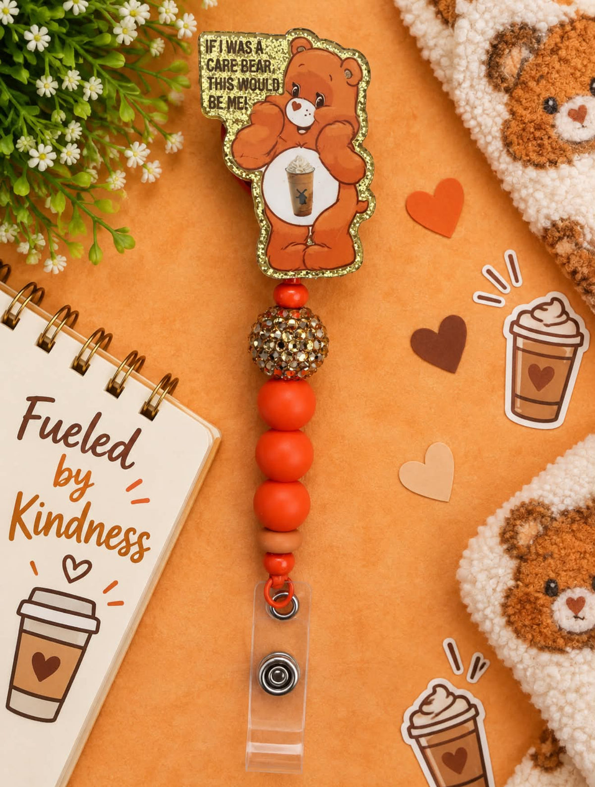 Coffe Brown Bear - Beaded Badge Reel
