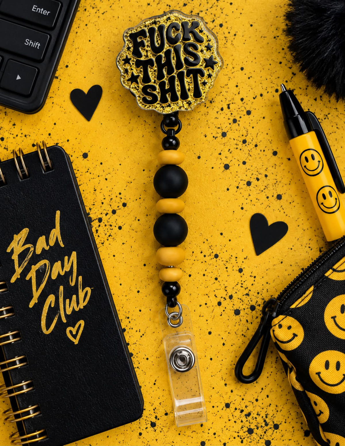 F*ck This Sh*t Black & Yellow - Beaded Badge Reel