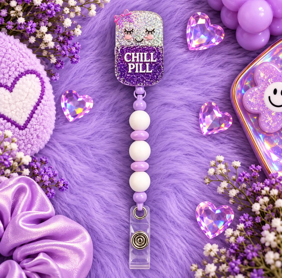 Chill Pill Purple & White - Beaded Badge Reel