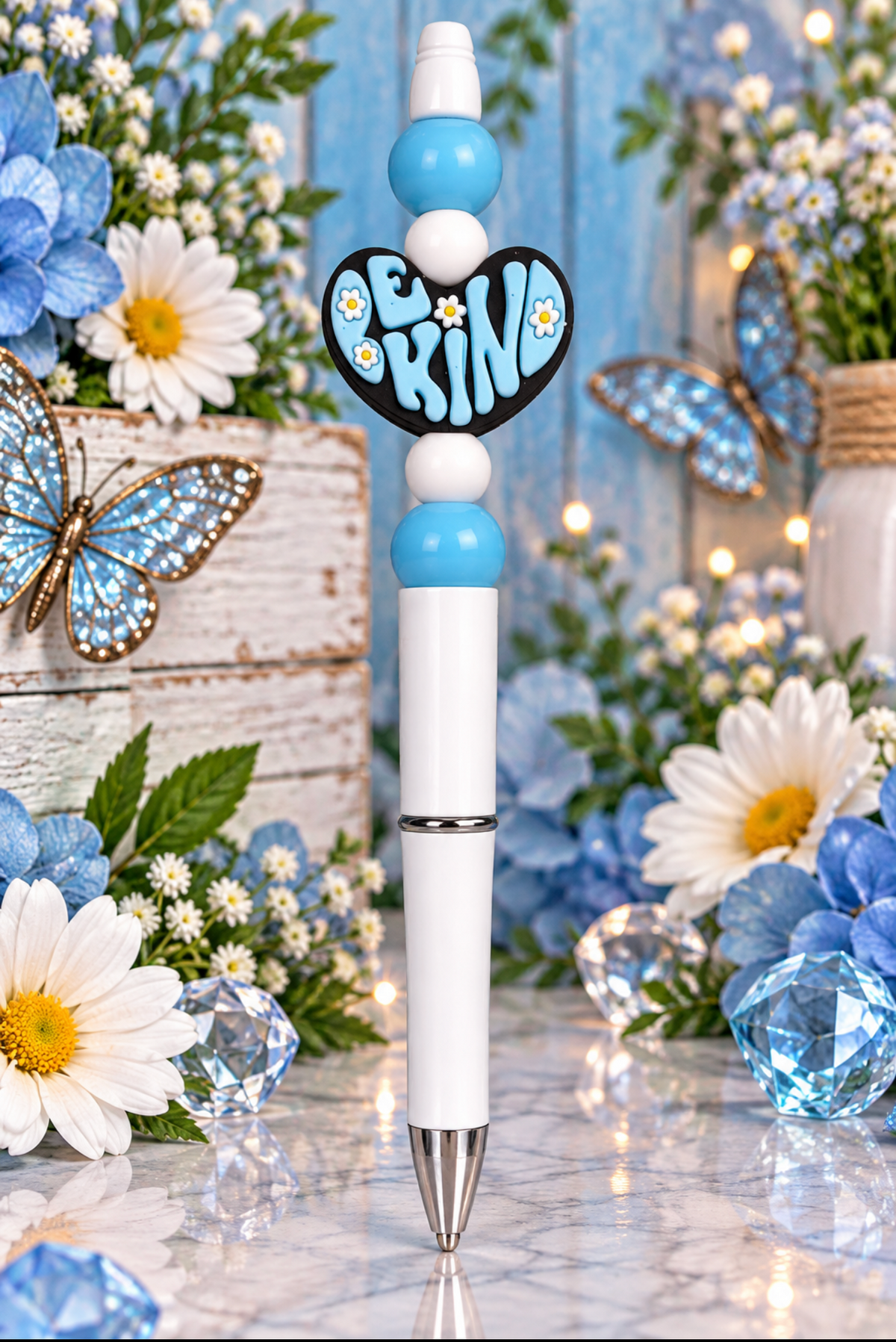 Be Kind White & Blue- Beaded Pen