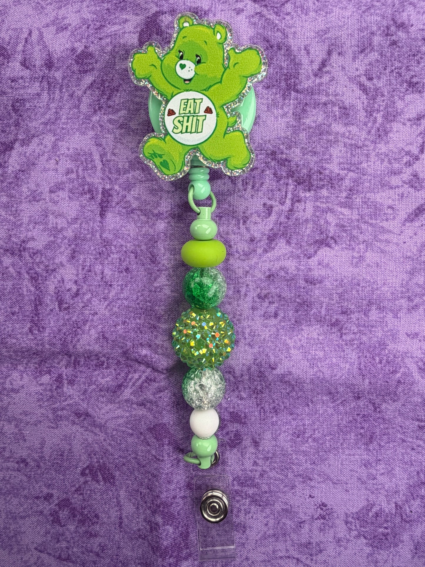 Eat Sh*t Cute Green Bear - Beaded Badge Reel