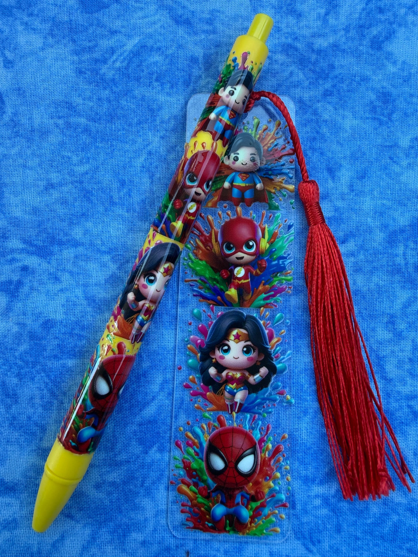 Cartoon Superhero Kids - Pen And Bookmark Set
