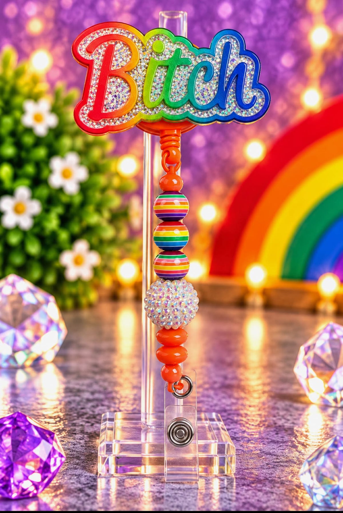 Rainbow B*tch - Beaded Badge Reel
