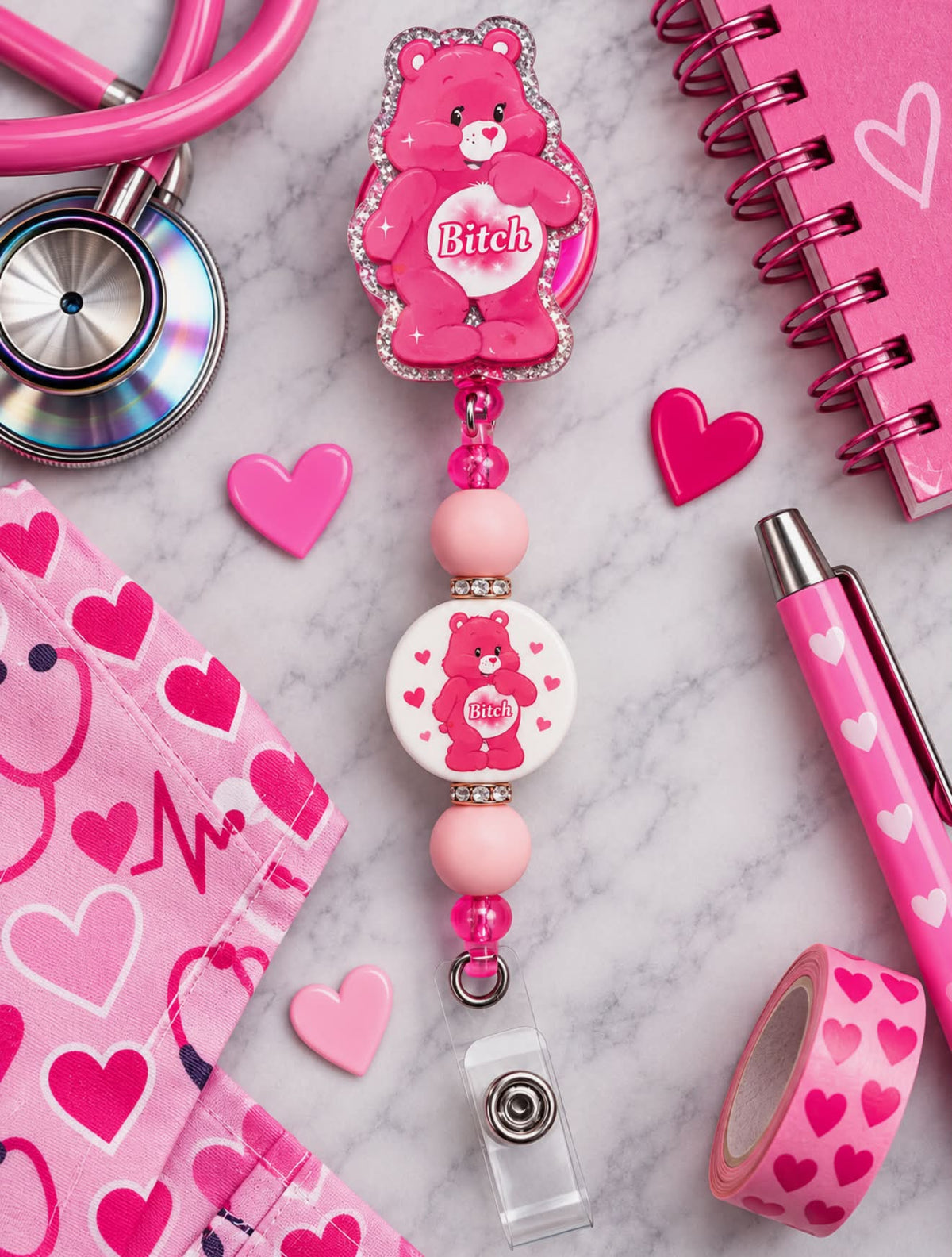 Cute Pink Bear B*tch - Beaded Badge Reel