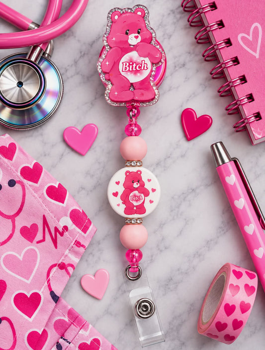 Cute Pink Bear B*tch - Beaded Badge Reel