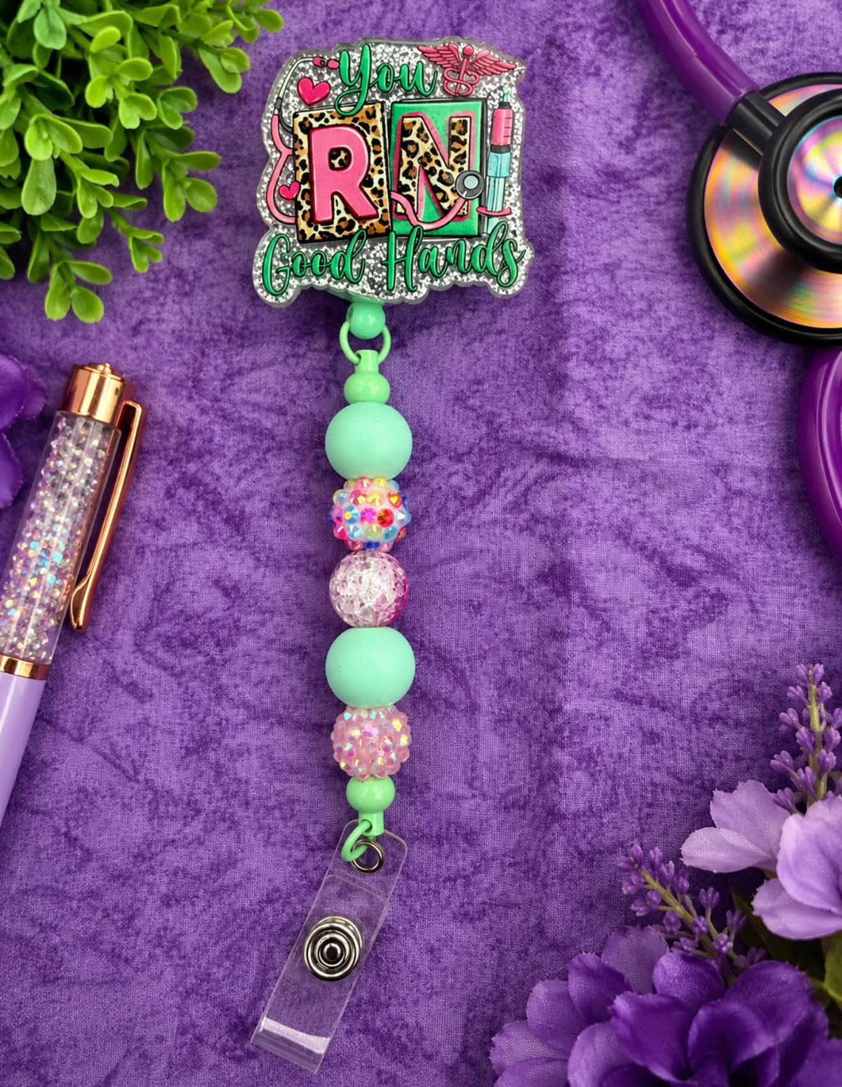 You RN Good Hands - Beaded Badge Reel