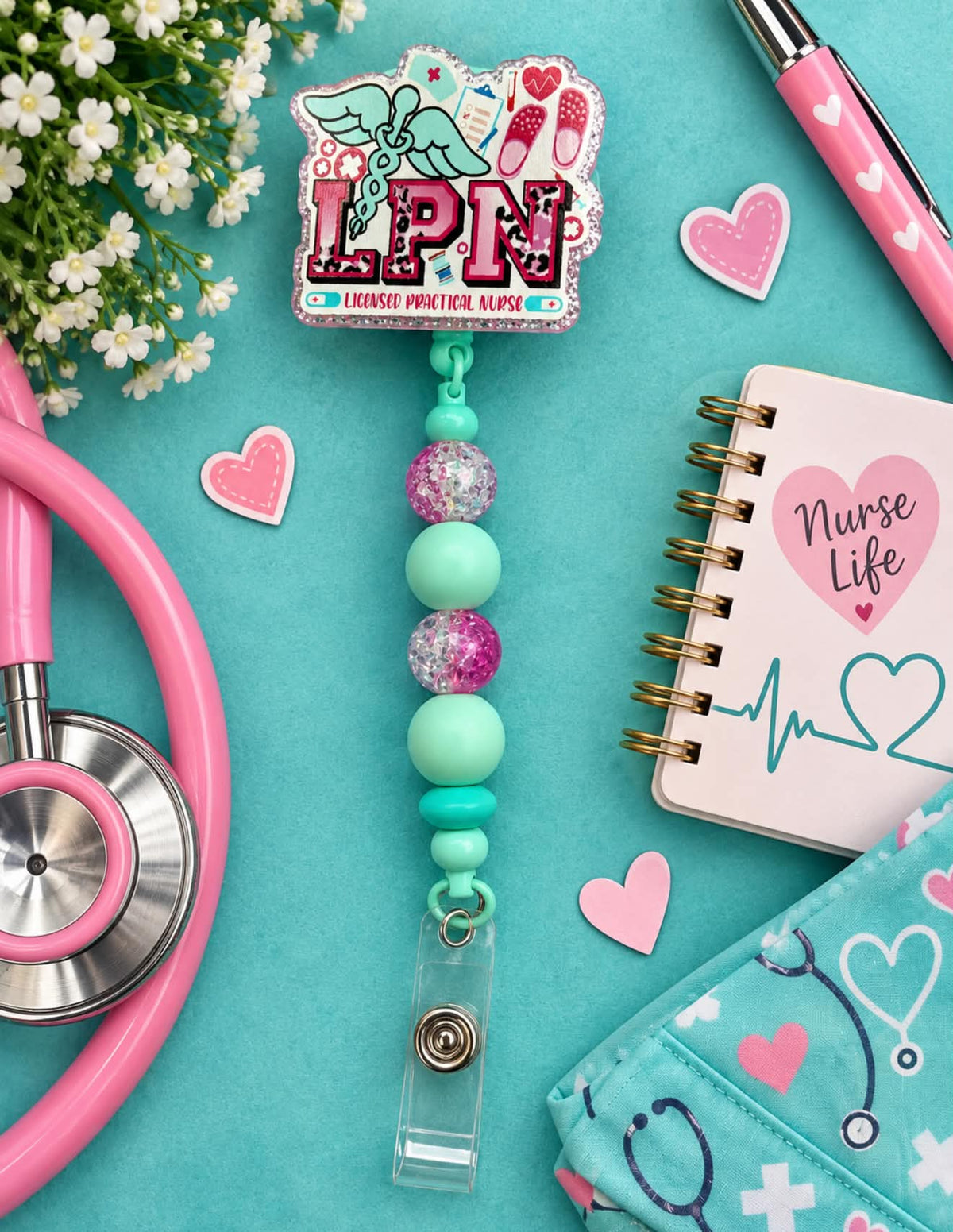 LPN Teal & Pink - Beaded Badge Reel