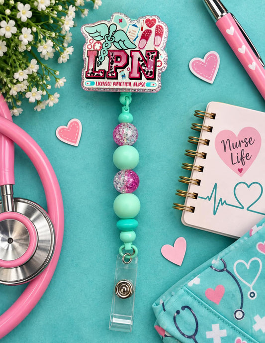 LPN Teal & Pink - Beaded Badge Reel
