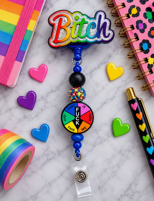 B*tch Spinning Wheel Game - Beaded Badge Reel