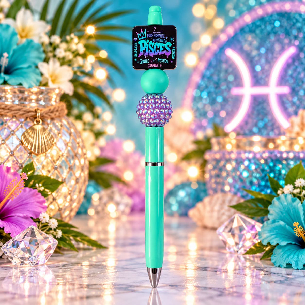 Pisces Zodiac Teal - Beaded Pen