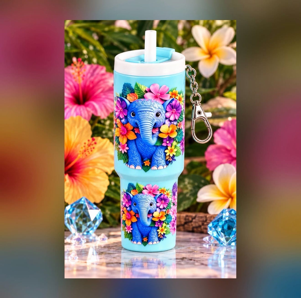 Adorable Elephant & Flowers - Blue Mini Tumbler