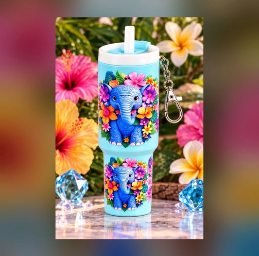 Adorable Elephant & Flowers - Blue Mini Tumbler