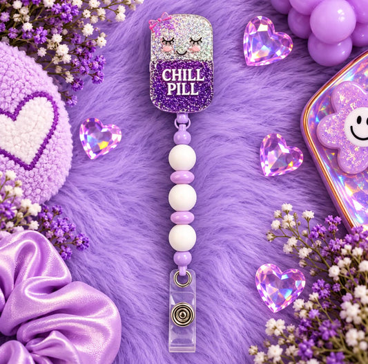 Chill Pill Purple & White - Beaded Badge Reel