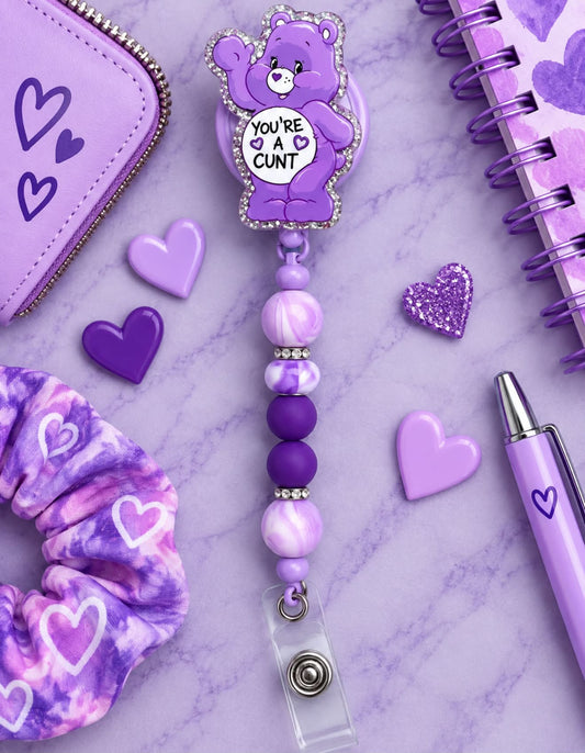 Cute Purple Bear - You’re A C*nt - Beaded Badge Reel