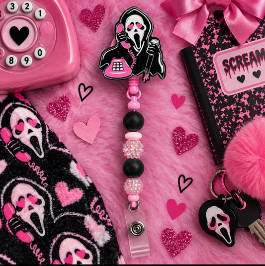 Scary Guy Pink & Black - Beaded Badge Reel