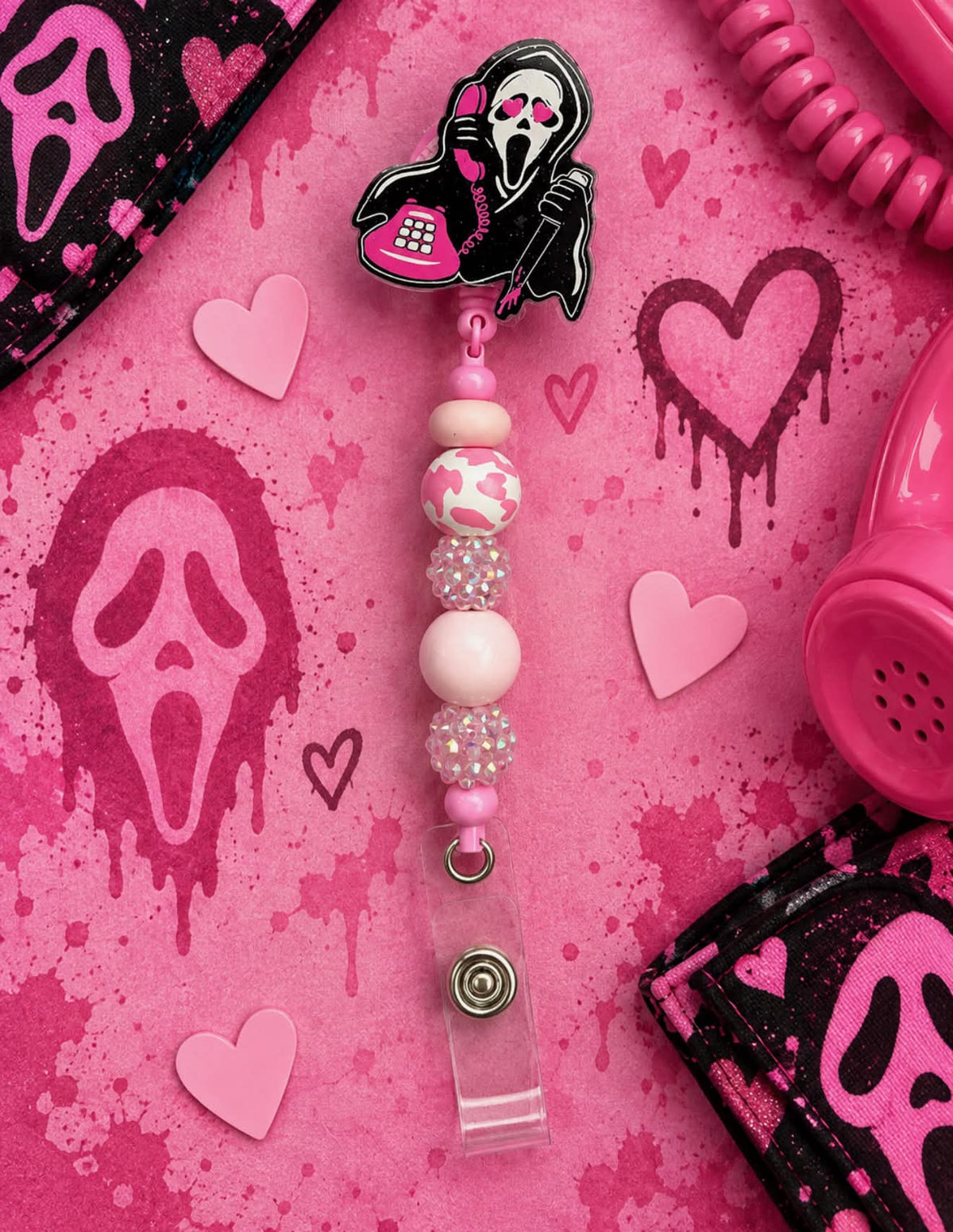 Scary Guy & Phone - Beaded Badge Reel