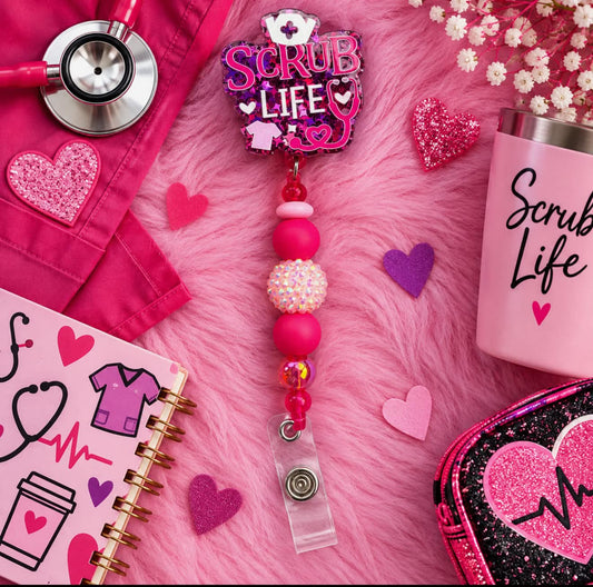 Scrub Life👩‍⚕️ Pink - Beaded Badge Reel