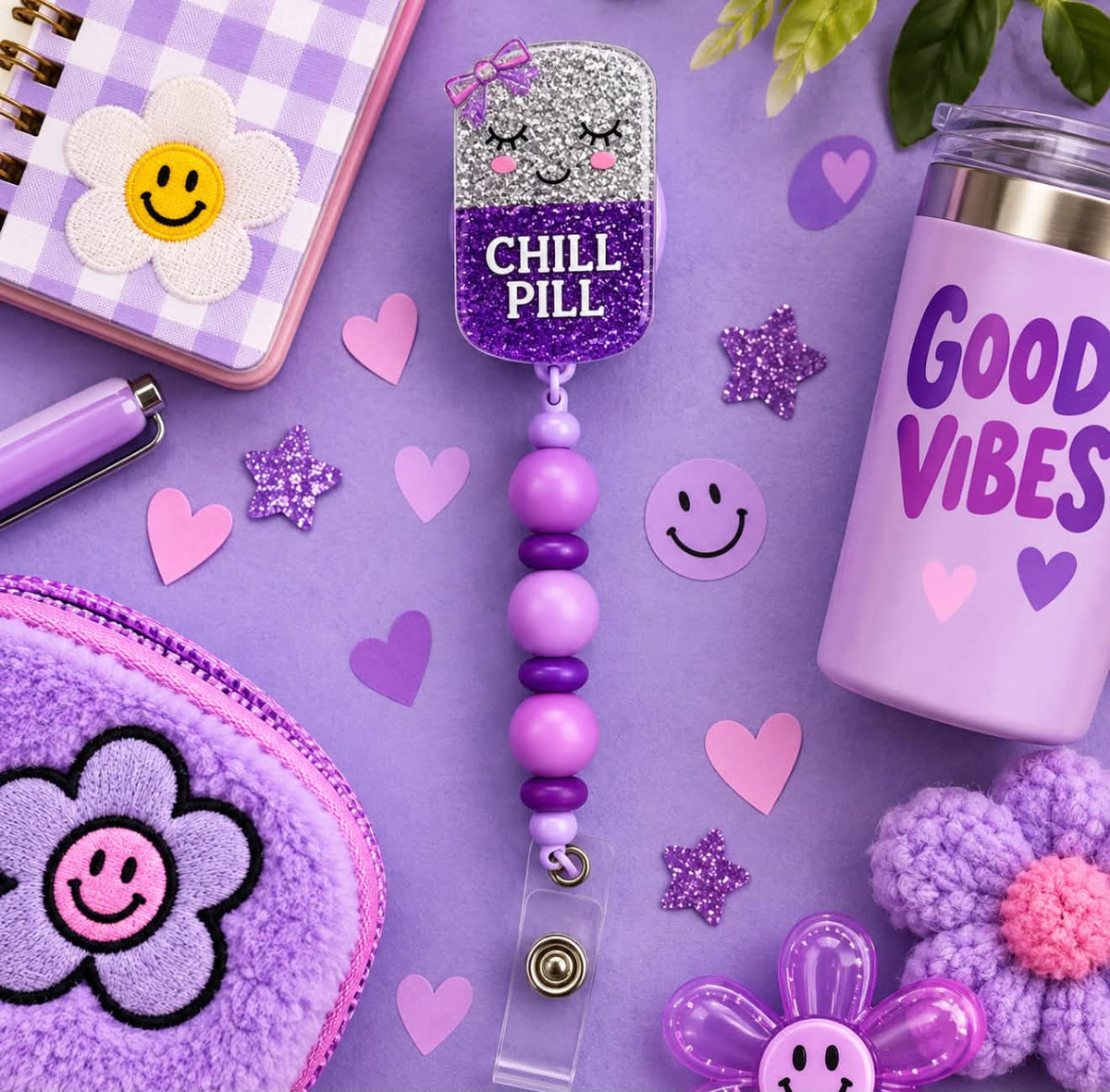 Chill Pill Purple - Beaded Badge Reel
