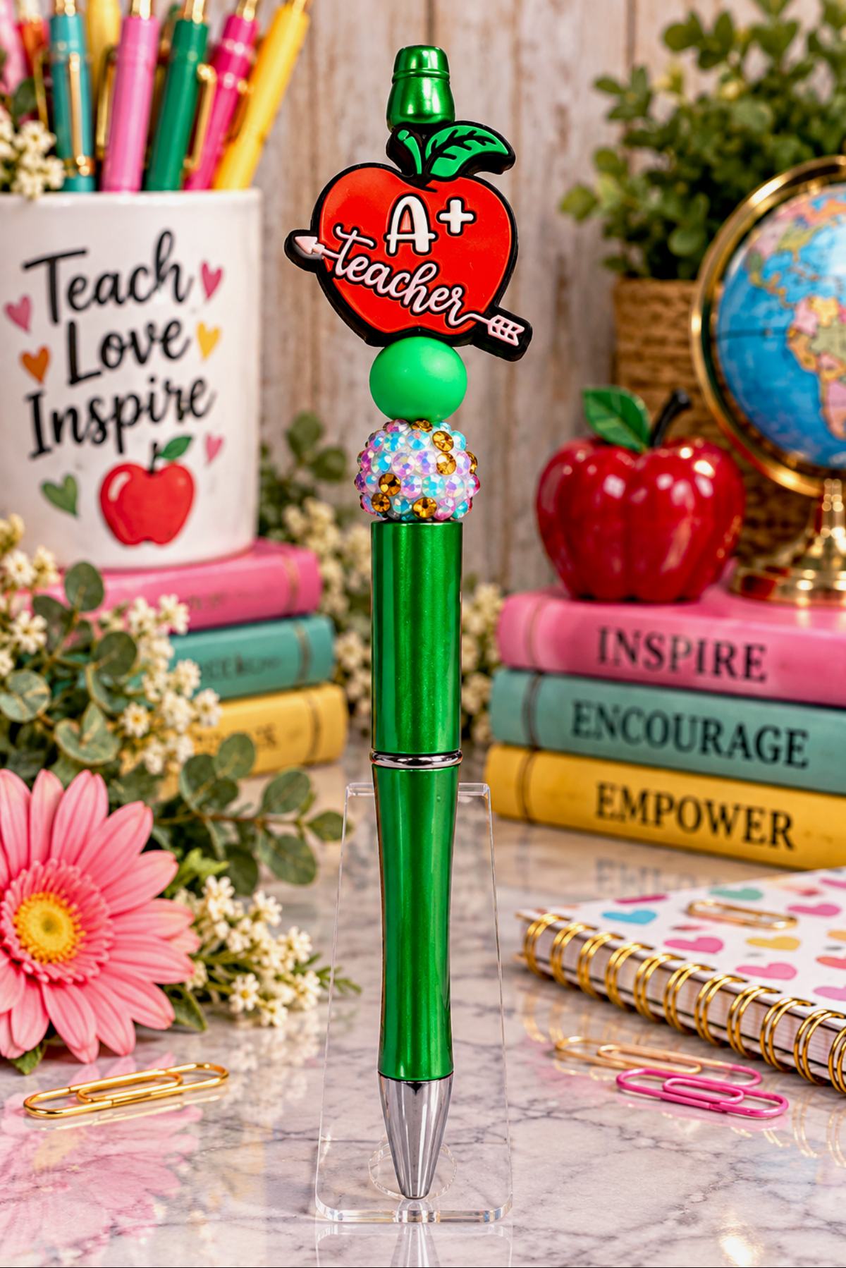 A+ Teacher Green - Beaded Pen