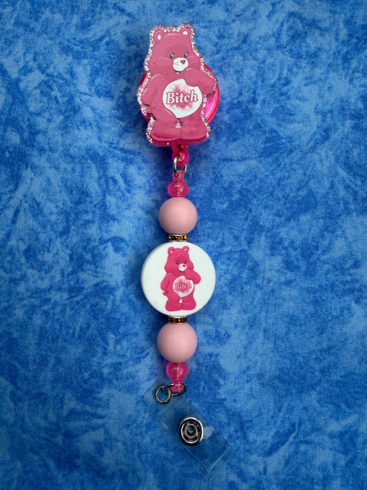 Cute Pink Bear B*tch - Beaded Badge Reel