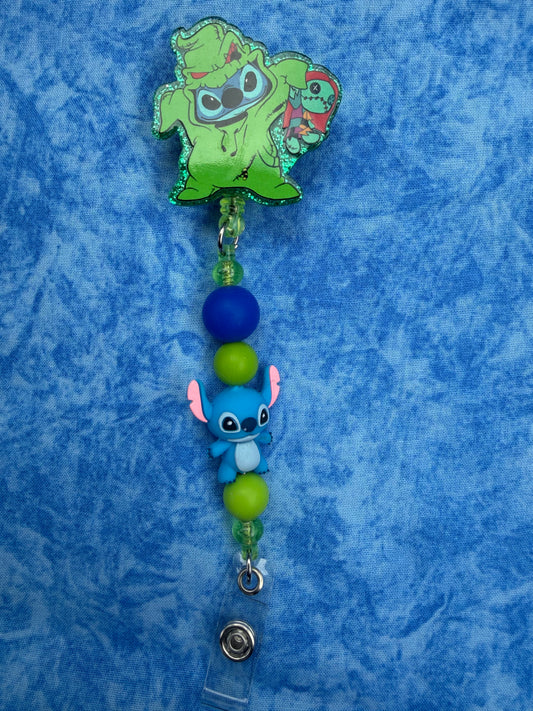 Cute Blue Alien in Green Costume - Beaded Badge Reel