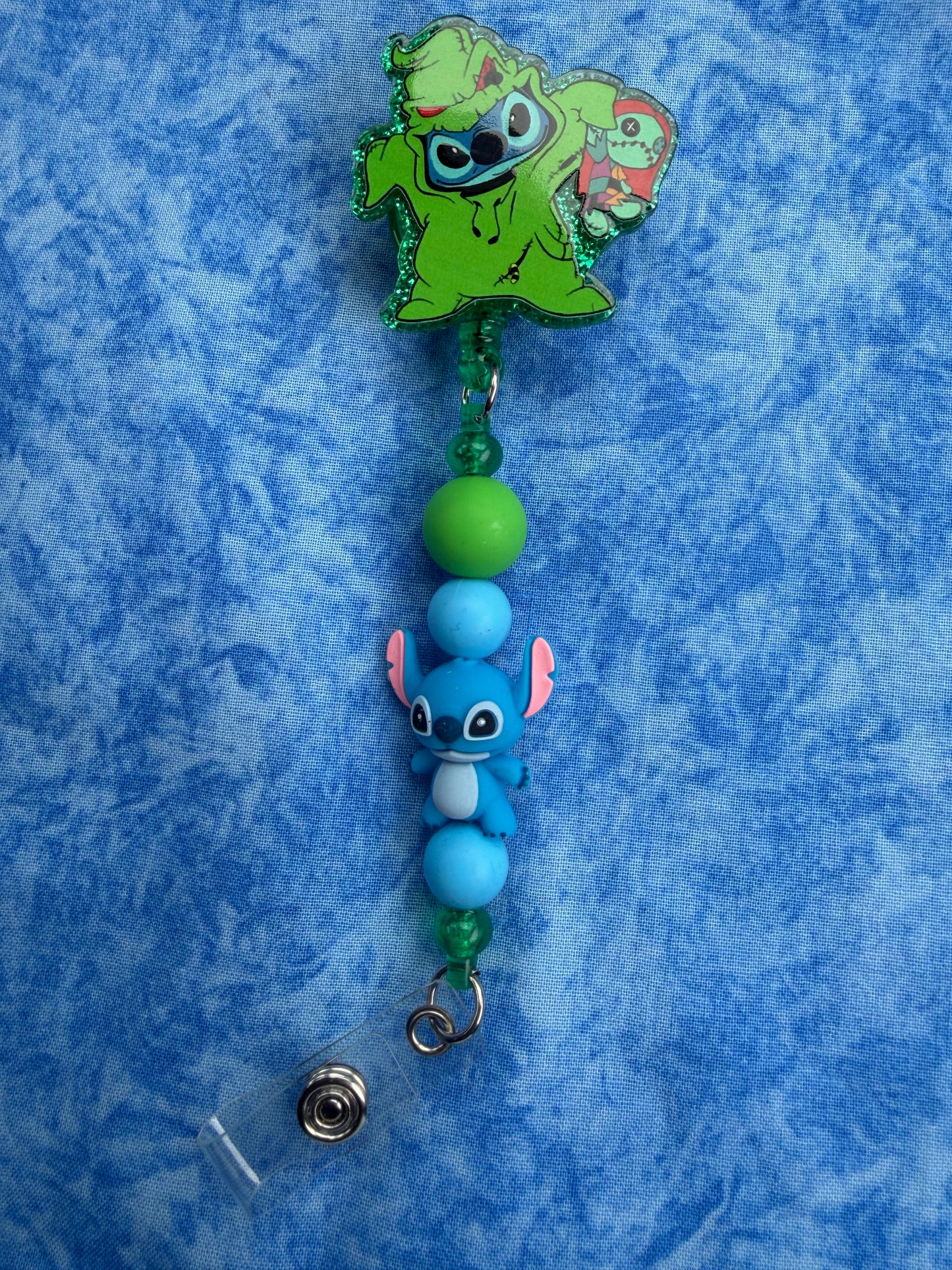 Cute Blue Alien in Green Costume - Beaded Badge Reel