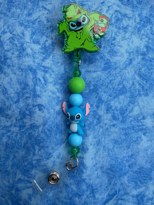 Cute Blue Alien in Green Costume - Beaded Badge Reel