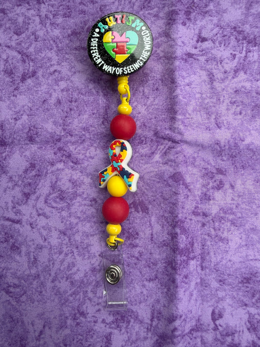 Autism Awareness Red and Yellow - Beaded Badge Reel