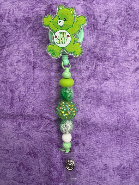 Eat Sh*t Cute Green Bear - Beaded Badge Reel