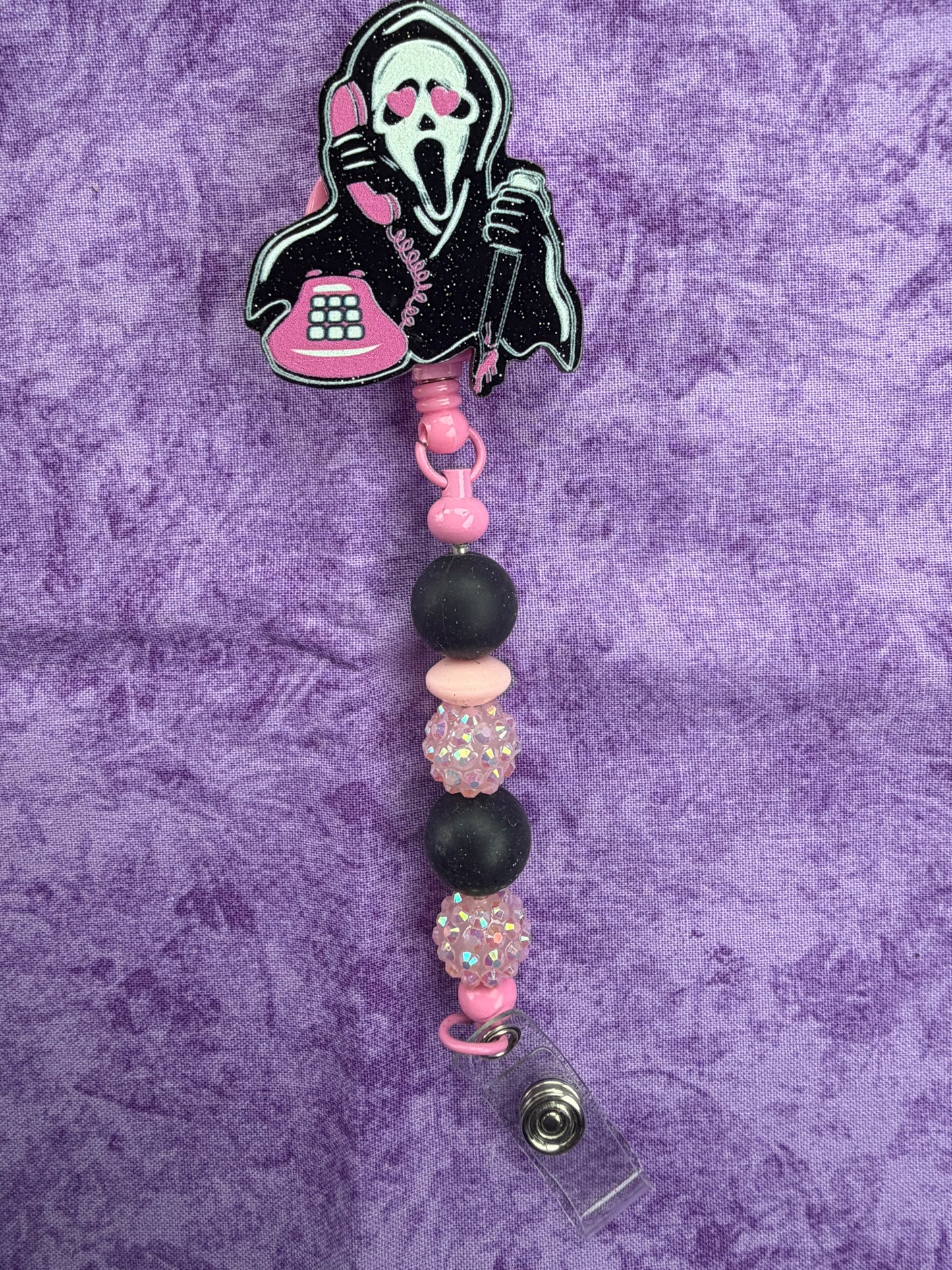 Scary Guy Pink & Black - Beaded Badge Reel