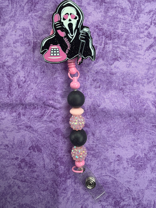 Scary Guy Pink & Black - Beaded Badge Reel