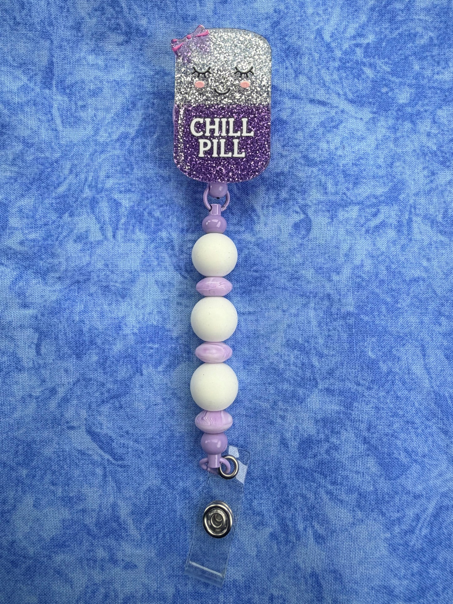 Chill Pill Purple & White - Beaded Badge Reel