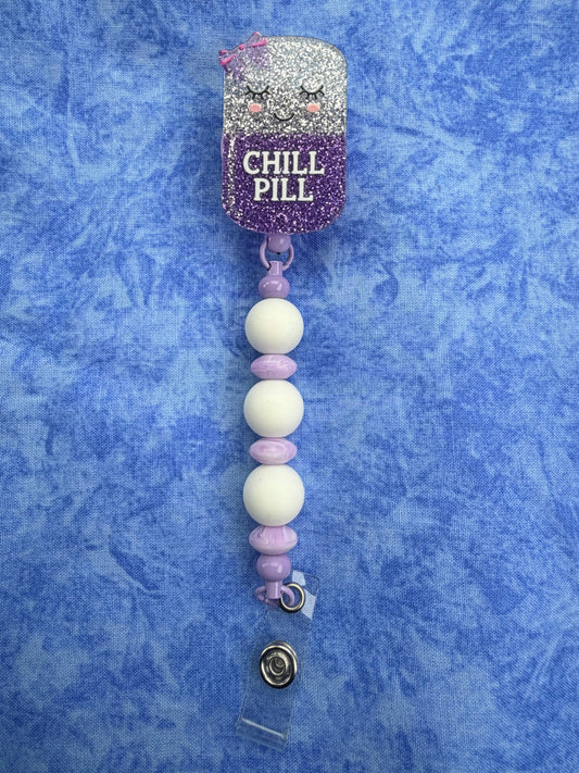 Chill Pill Purple & White - Beaded Badge Reel