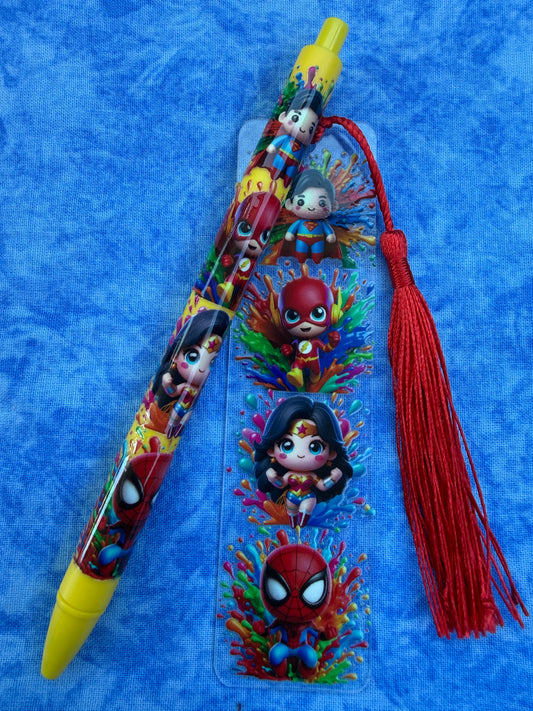 Cartoon Superhero Kids - Pen And Bookmark Set