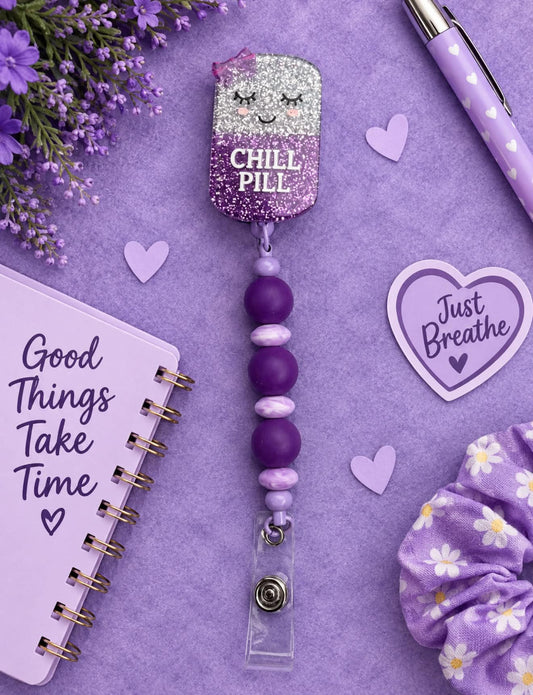 Purple Chill Pill - Beaded Badge Reel