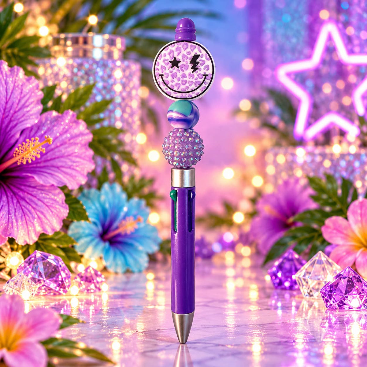 Purple Shiny Smily Face - Beaded Pen