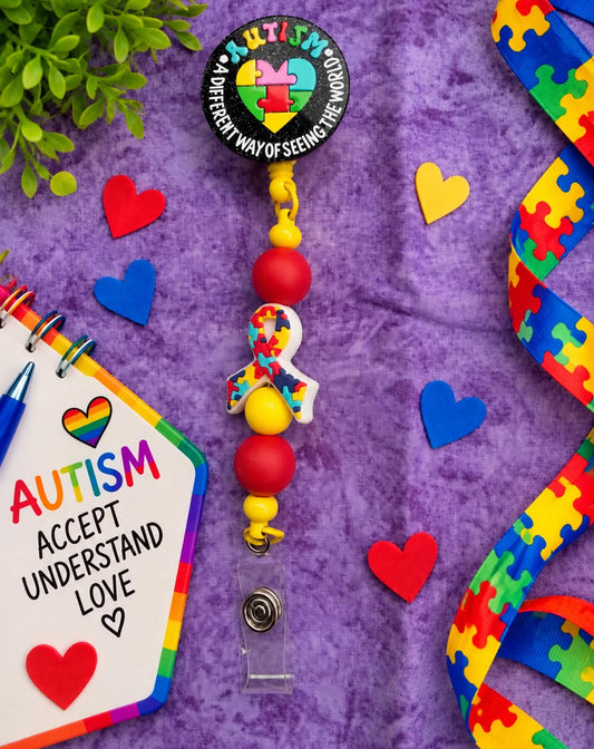 Autism Awareness Red and Yellow - Beaded Badge Reel