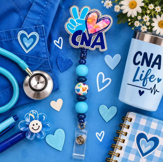 Peace, Love, CNA Blue - Beaded Badge Reel